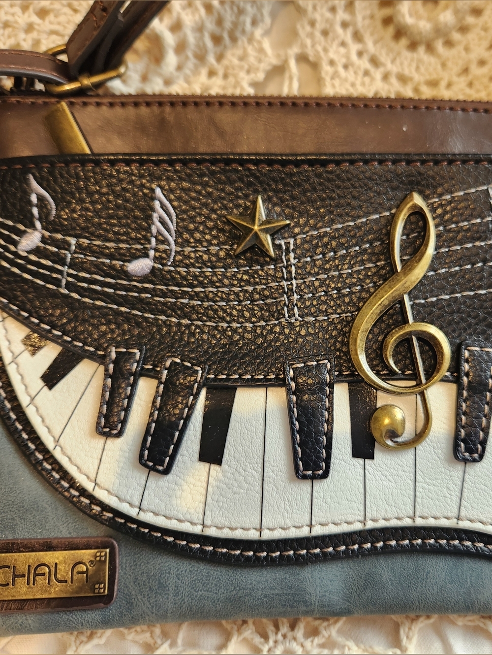 CHALA Grey Blue and Brown Musical Notes Piano Crossbody Shoulder Bag Purse